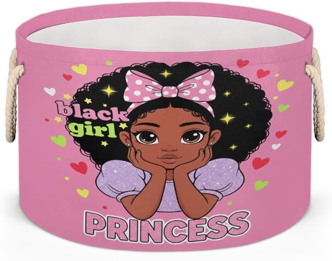 Large Storage Baskets, Black Girl Princess Nursery Organizer Bin Box with Handles Collapsible Round Laundry Hamper for Kids Toys Pet Blanket, Bedroom Living Room Home Decor Gift Basket