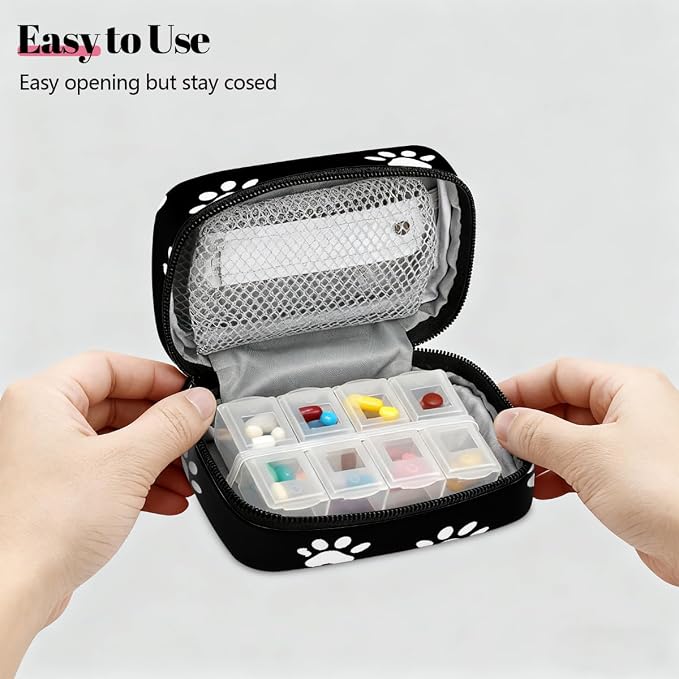 Weekly Pill Organizer Travel Size Bag with Removable 7 Day Pill Box Portable Vitamin Case Purse with Zipper,White Pet Paws Black