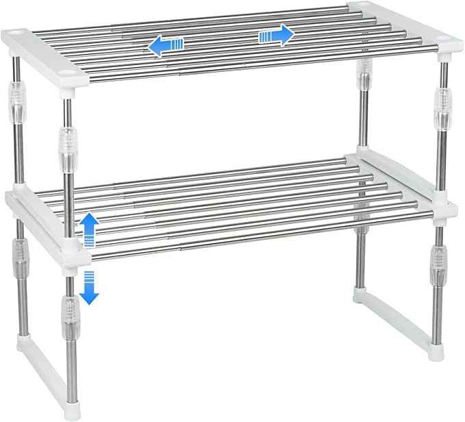 carrotez 2Pack Expandable Cabinet Organizer 11.8~19.6 x 7.8 x 6~9 - Black | Width & Height-adjustable Kitchen Cabinet Organizer Shelf, Stackable Kitchen Counter Shelf