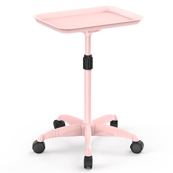 37" Rolling Salon Tray on Wheels Pink, Adjustable Height | Aluminum, Tool-Free Assembly, Stable Base, 360 Mobility, For Spa Clinic Tattoo Studio and Home Salon Use