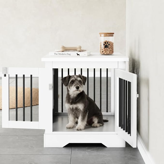 30" Wooden Dog Crate Furniture,Small Kennel Pet Cage End Table for Indoor | for Medium S XS Dogs, White, Fits Living Room Bedroom, Heavy Duty Steel Frame with Lock 25 lbs Cap, 100 lbs Top.