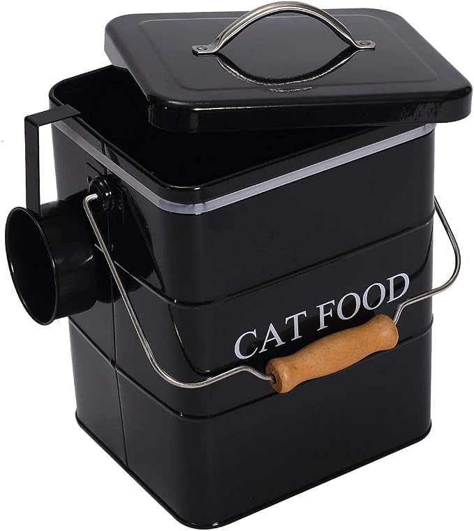 Cat Food Treat Storage Container with lid scoop included - Perfect Farmhouse Cat Food Bin for Kitchen Countertop, Shelf, Decoration Home - Cat Food - Black