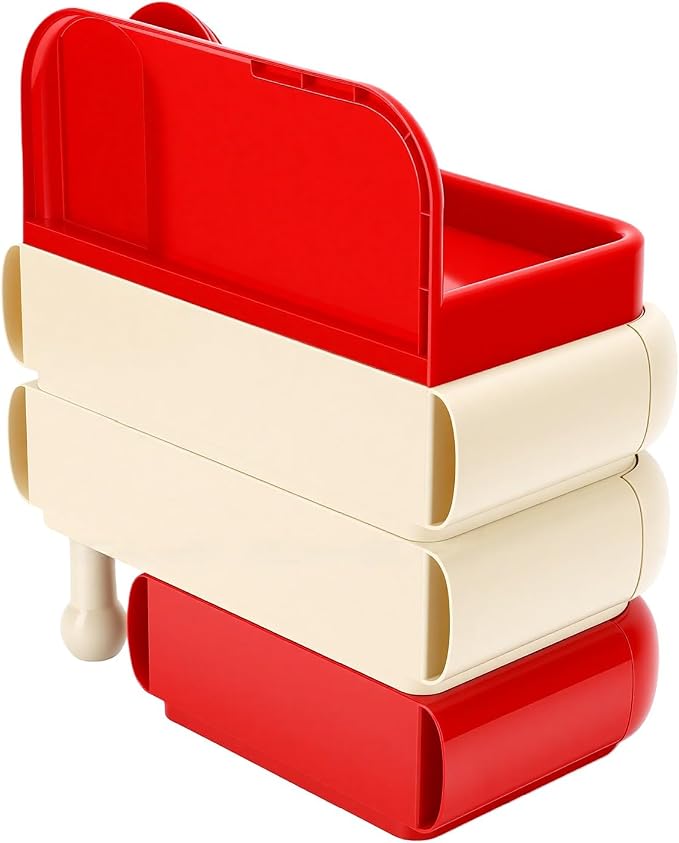 Yosoo Desktop Makeup Organizer with 3 Drawers Top Tray Dust Guard for Cosmetic Brushes Lipstick Skincare Storage (Red)