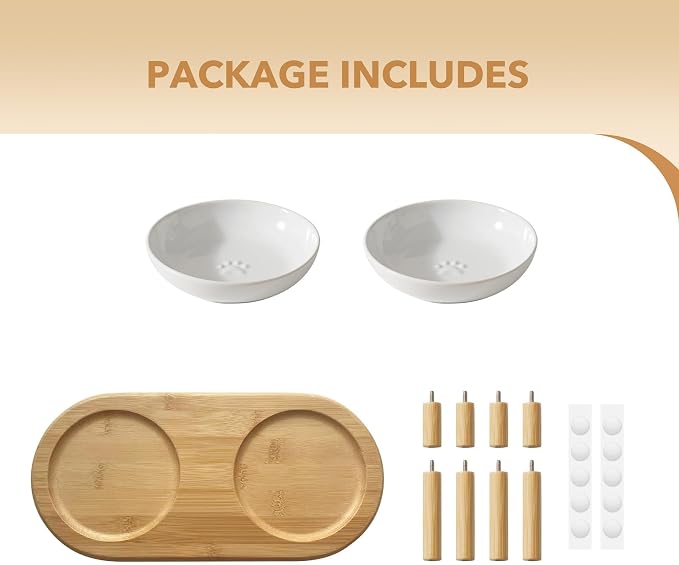 Havniva Elevated Cat Bowls, Ceramic Cat Bowl with Bamboo Stand Wide Opening | 5.7” Raised Cat Food Bowls, Whisker Friendly Cat Dish, Anti-Slip Cat Water Bowls, Shallow Cat Bowls, Cat Food & Water Bowl