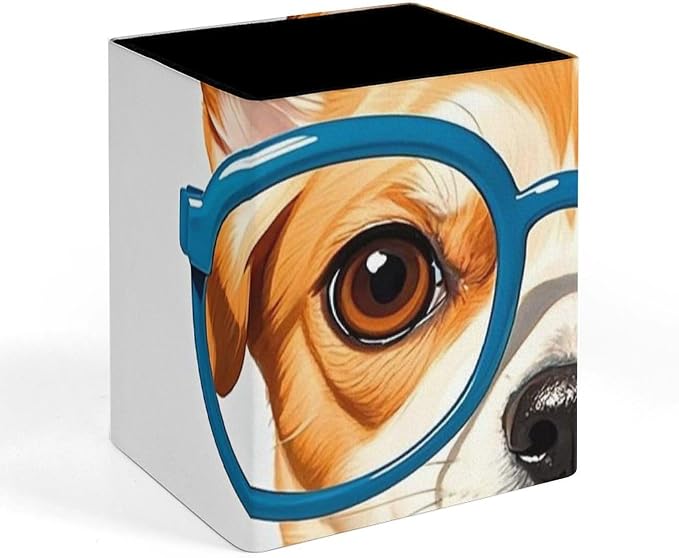 Pet Dog Soft Bow Tie, Oversized Glasses Leather Pen Holder, Square Pencil Box for Office