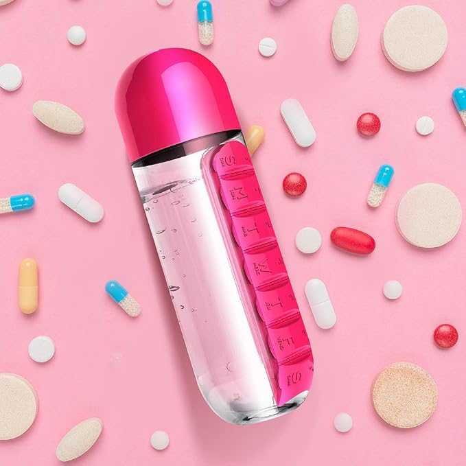 Asobu Combine Daily Pill Box Organizer with Water Bottle, 20 oz, (Red)
