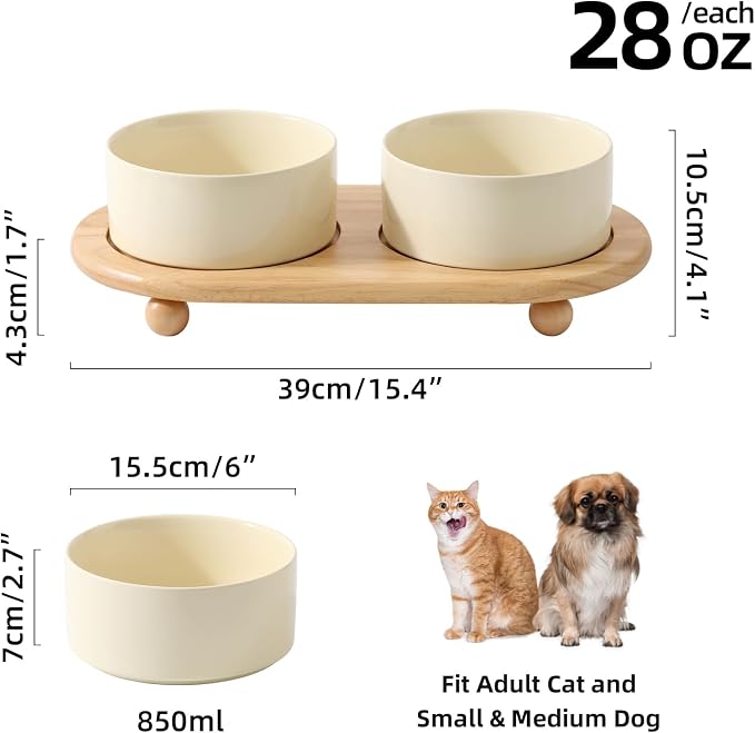 Havniva Raised Cat Bowl, 6.1” Elevated Ceramic Cat Food and Water Bowl Set | Cat Bowls Elevated, Whisker Friendly Cat Bowl, Non-Slip Wood Stand, Food-Grade Ceramic, Wide Opening, Dishwasher Safe