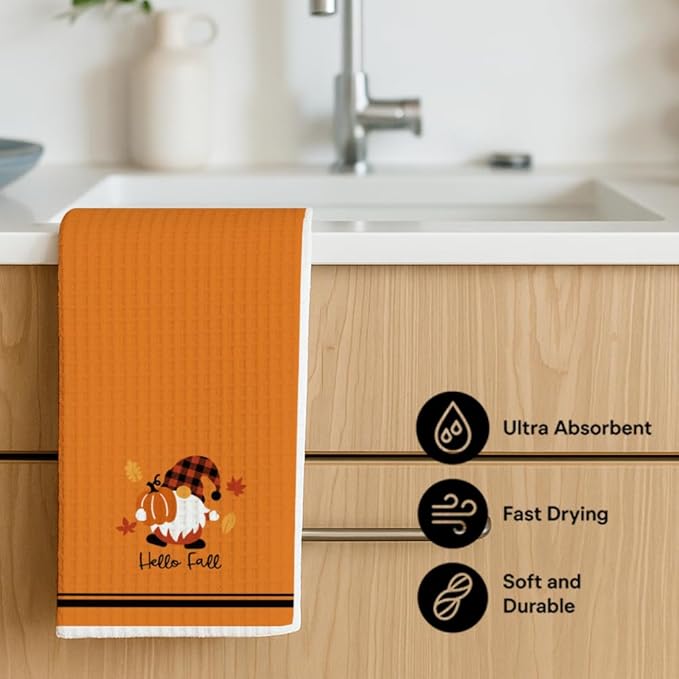 Thanksgiving Pumpkin Gnome Kitchen Fall Towel Gifts for Women,Hello Fall Tea Towel Baking Cooking Drying Cloth for Kitchen,Flour Sack Dish Towels,Farmehouse Decoration for Thanksgiving,Holiday