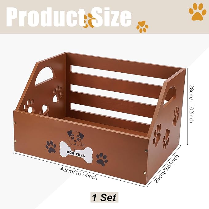 Large Dog Toy Bin Basket 16.5x11 Pinewood Dog Toy Storage Box Rerctangle Decorative Pet Toy Organizer with Paw Print Design & Handles for Pets Toys Food Blankets Clothes