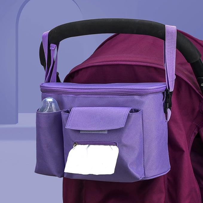Purple Oxford Fabric Stroller Hanging Storage Bag with Multi-pocket Compact Design for Stroller and Cart Handle, Space Saving Organizer for Outgoings and Business Trips