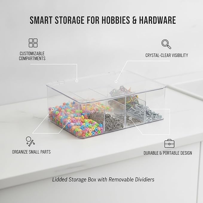 10.75 x 7.68 x 3.74 Inch Clear Storage Box with Removable Dividers, Medium PET Organizer Bin for Tackle and Craft Supplies (1 Pack)