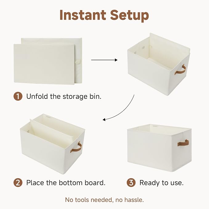 StorageWorks Closet Storage Bins with PU Handles, Ivory White, Extra Large | Foldable Storage Bins with PU Handles, Closet Storage Baskets, Fabric Bins for Clothes Storage