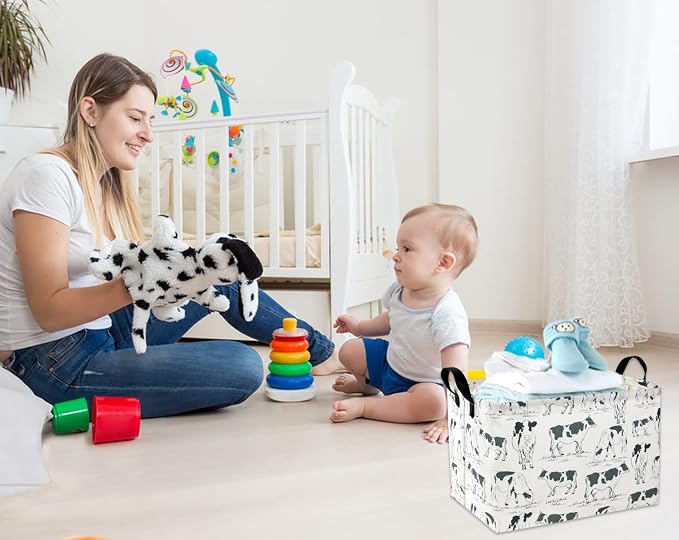 Cow Print Storage Bin - Kids Gift Basket, Rectangular Room Decor for Home, Books