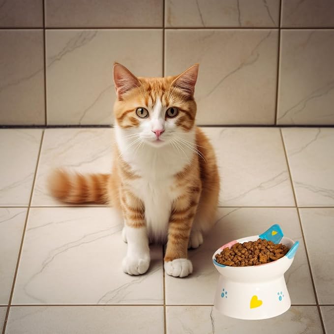 Cute Ceramic Raised Cat Bowls Elevated Design, 15° Tilted FeederProtect Cat's Spine Anti Vomiting Blow for Flat Faced Cats, Kitten Small Dogs,Raise Tilted Cat Food Bowld Pet Dishes(Black)