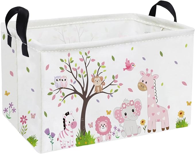 Essme Rectangular Animal Baskets,Pink Storage Basket with Handles for Room Decor,Cute Storage Bin（Pink animal）