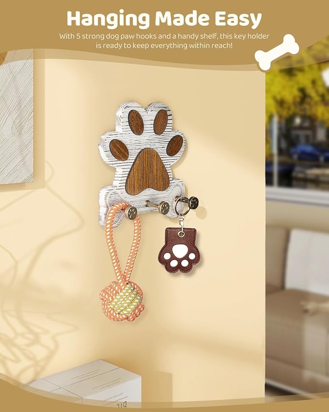 MTERSN Pine Wood Dog Leash Holder for Wall - Dog Lover Gift, White | 3 Wall Hook, Unique Dog Paw Shape, 3D Dog Leash Hooks for Keys, Rustic Accent for a Cute Dog Corner, Apartment Wall Decor