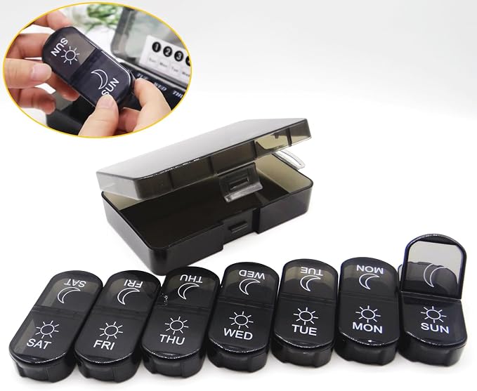 Small Pill Case, Cute Medicine Box, Travel Daily Pill Organizer | 7-Day 14 Tray Portable Vitamin Planner Container Dispenser for Purse Pocket, Capsule Holder for Fish Oils, Supplements, Black