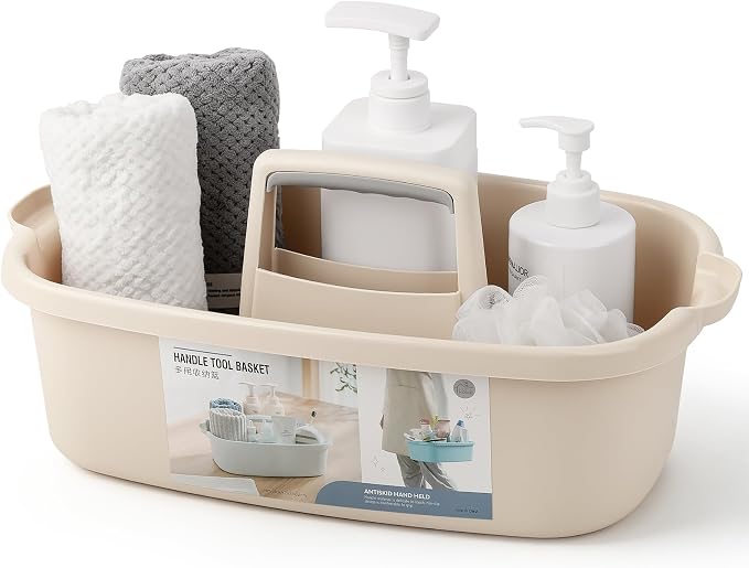 Large Cleaning Supplies Caddy Portable Shower Caddy Basket Beige | Sturdy Supply Organizer with Handle Plastic Bucket Tool Storage for Bathroom Bedroom Kitchen Garden College Dorm Essentials