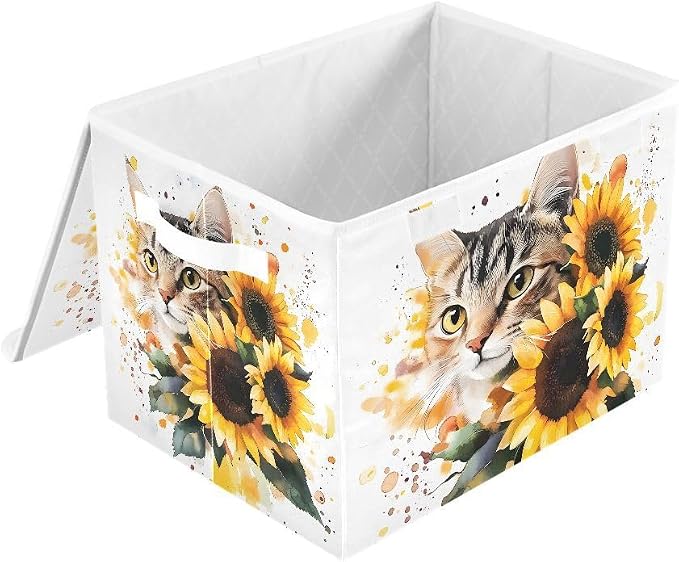 Cat Sunflower Storage Bins with Lids Closet Bedroom 40L Storage Basket | Decorative Storage Boxes, Foldable & Stackable, Dust-Proof Flip Top, Reinforced Handles, For Home & Dorm, Clothes & Toy Box