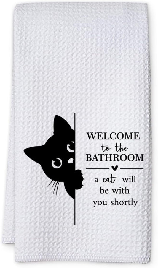 KIDEAR Funny Black Cat Bathroom Decor Welcome to The Bathroom Hand Towel,1 PCS Cute Black Cat Kitchen Towels for Toilet Wall Decorations,Cute Animal, Gifts for Women, Pet Owners Housewarming - A07