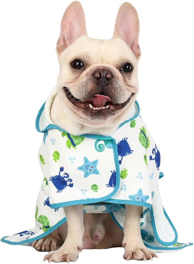 HDE Dog Bathrobe Super Absorbent Quick Drying Puppy Towel Wrap Coat Adjustable After Bath Robes with Hood for Dog Sizes S-XXL Sea Animals M