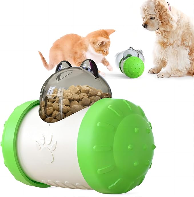 KAYNO Pet, cat and Dog Treat Dispenser Toys, pet Puzzle Food Funnel Toys, Food Grade Material, Non-Tipping, Clear Food Storage bin and Wheel Sliding Design. (Green)