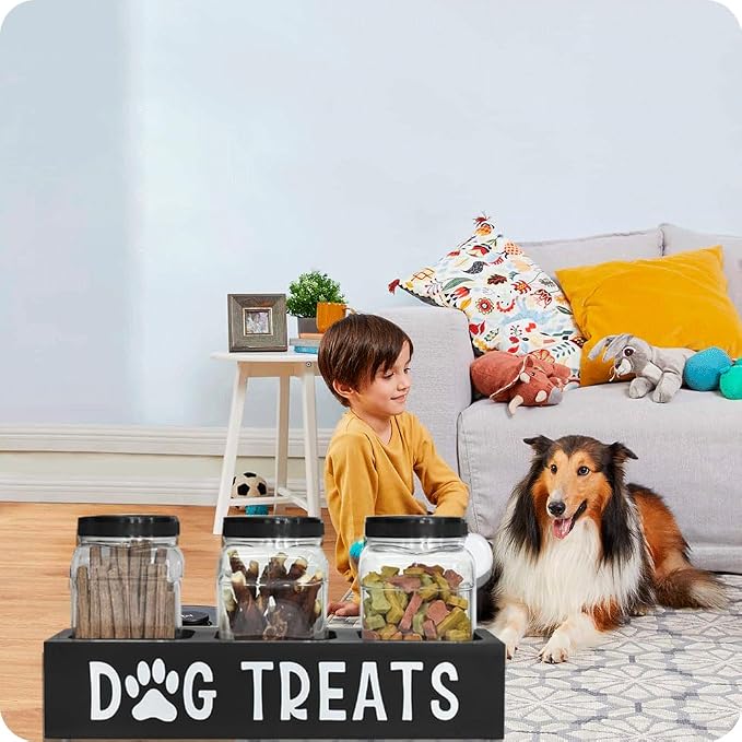 Pet Food Storage Canister with 3 Jars for Kitchen Countertop | Works as dog treat container, ideal for puppy use, sleek black appearance for home kitchen storage