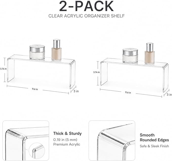2 Pack Acrylic Medicine Cabinet Organizer Clear Shelves 2 Small | Includes 2 Small 11.4 x 3 x 3.7 Inch Bathroom Shelves with 2 Non Slip Pads for Vanity RV and Cabinet Storage
