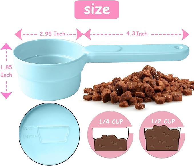 Joyinjojo Dog Cat Food Scoop - Pet Food Scoop Dog Food Measuring Cup 1/2 1/4 Cup, Comfortable Long Handle for Easy to Scoop Food, Blue 1/2 Cup