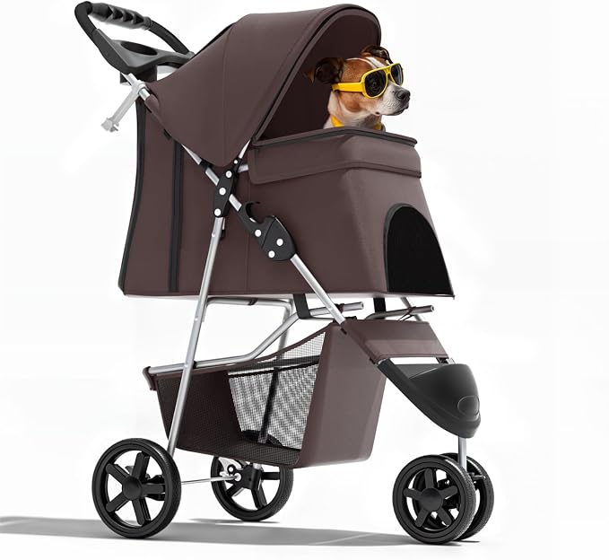Magshion 3-Wheel Pet Stroller for Small/Medium Dogs & Cats, Up to 33lbs | Foldable Travel Jogger w/ Breathable Mesh Cover, Lightweight Design, Safety Tethers, Cup Holder & Storage Basket