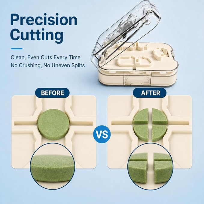 Precision Pill Splitter - Even & Accurate Tablet Cutting, Sharp Stainless Steel Blade, Easy Open Design, Safe & Portable for Small & Large Pills, Ideal for Daily Medication (Cream-Colored)