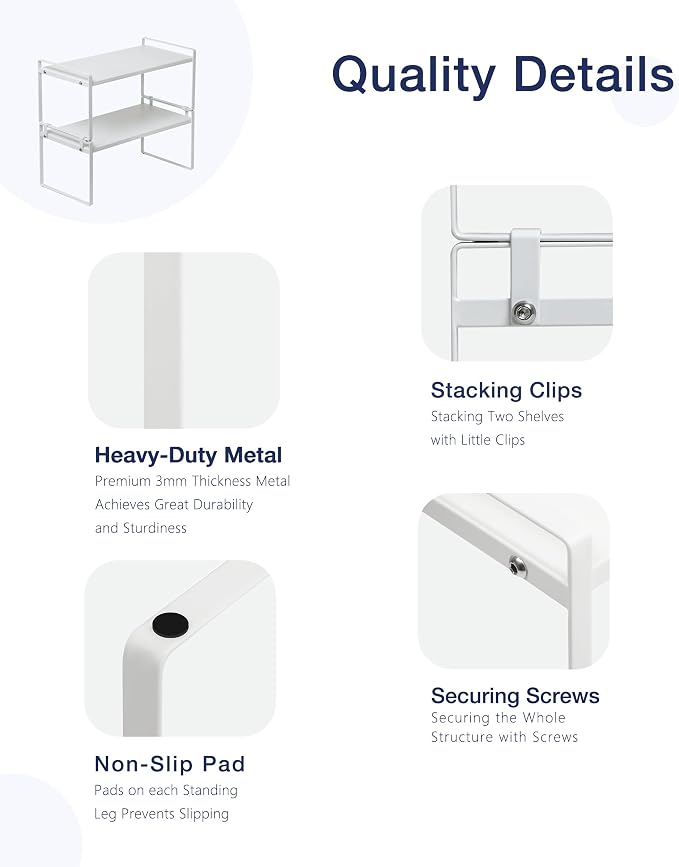 Nxconsu Stackable Cabinet Shelf Organizer 2 Pack, Standard White | Heavy-Duty 3mm Steel Stackable 2-Tier Shelf, Holds 50 lb, for Kitchen Cabinet Pantry Cupboard Counter Bathroom Under Sink