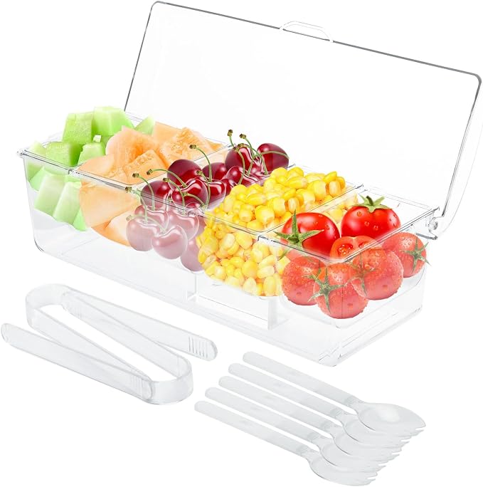 Tefola Ice Chilled Condiment Caddy with Lid, 5 Compartment Condiment Server Condiment Containers with Lids Serving Tray Platter for Bar Accessories, Fruit, Salad, Taco, Party Garnish (1, Clear)