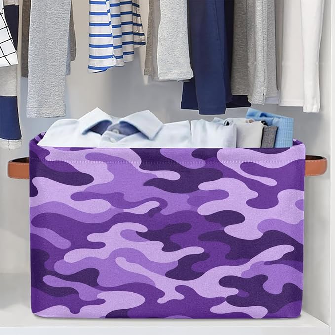 Pardick Camo Basket Storage Bins Rectangle Canvas Basket Cube Storage Box | Nursery Foldable Basket with Handle for Kids Girls Boys Toys Living Room Closet Organizer Shelf Gifts Camouflage Purple