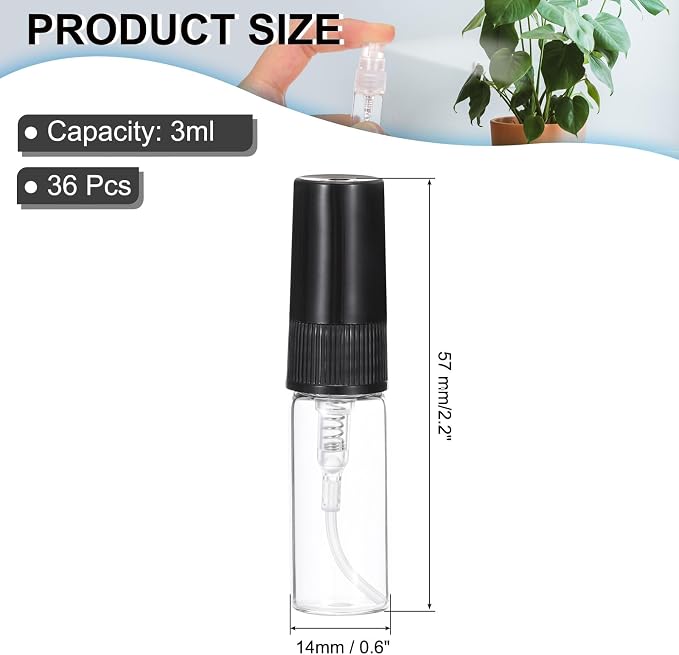 PATIKIL 3ml Glass Mini Perfume Sample Bottles, 36 Pcs Fine Mist Refillable Empty Mini Spray Bottle Fragrance Sample Bottles Sprayer for Perfume Travel Liquid Essential Oil, Black