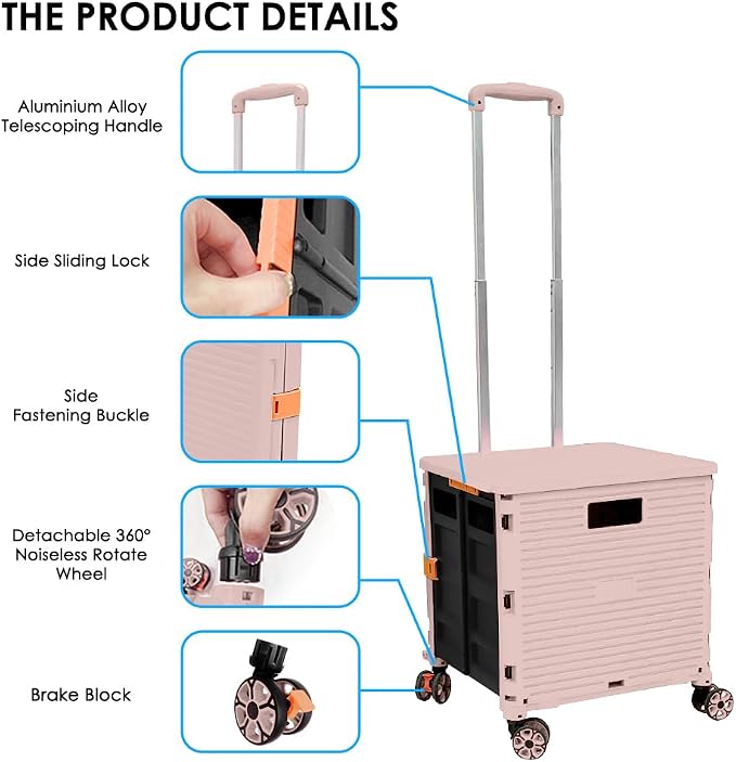 Foldable Utility Cart Portable Collapsible Crate Rolling Carts with Wheels Rolling Tote Basket Teacher Cart with Lid Wear-Resistant 360°Rotate Wheel Noiseless for Shopping Storage Office Use