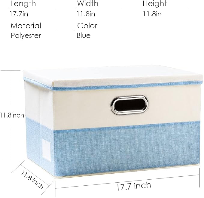 Large Foldable Storage Boxes with Lids [3-Pack] Fabric Collapsible Storage Bins Organizer Containers Baskets Cube with Cover for Home Bedroom Closet Office Nursery Blue&Cream(17.7x11.8x11.8)