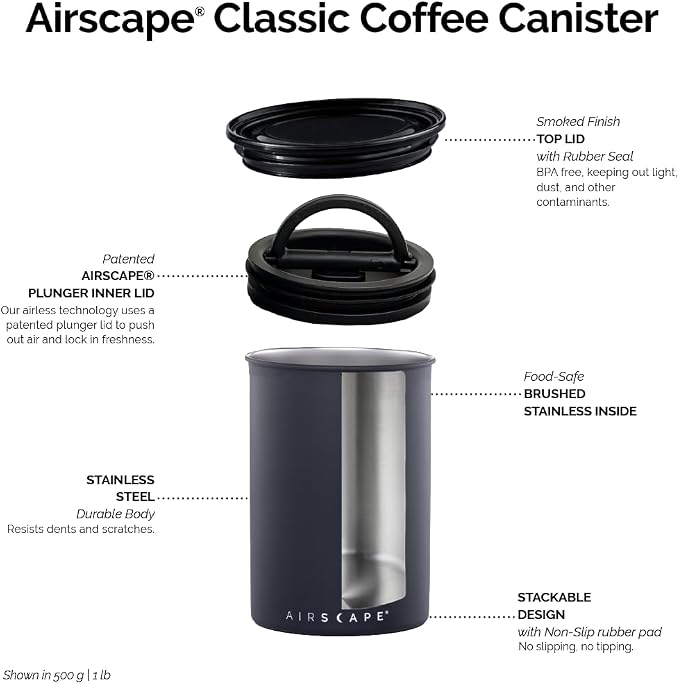 AirScape by Planetary Design | Airless Storage | 250g | Brushed Steel | Food Storage Container | US Patented Airtight Lid | Push Out Excess Air Preserve Food Freshness (Small, Brushed Steel)