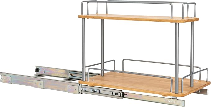 Household Essentials Bamboo and Silver Iron Two-Tier Slide-Out Organizer