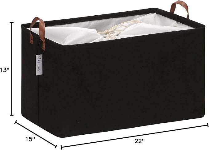 Hinwo 70L Extra Large Canvas Storage Bin with Lid and Handles | Collapsible Fabric Basket, Closet Shelf Organizer, Container for Clothing, Blankets, Toys, Bedding (Black)
