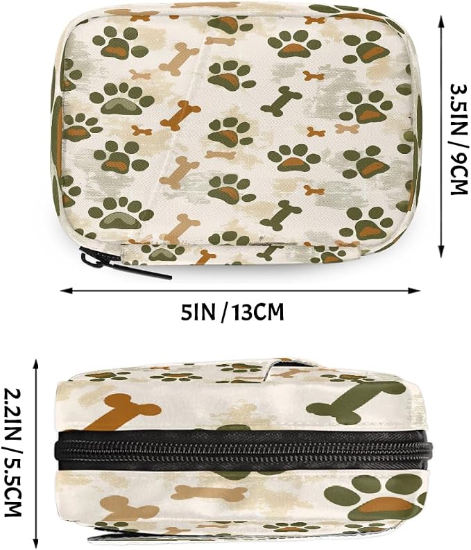 Weekly Pill Organizer Travel Size Bag with Removable 7 Day Pill Box Portable Vitamin Case Purse with Zipper,Camouflage Pet Paws Beige