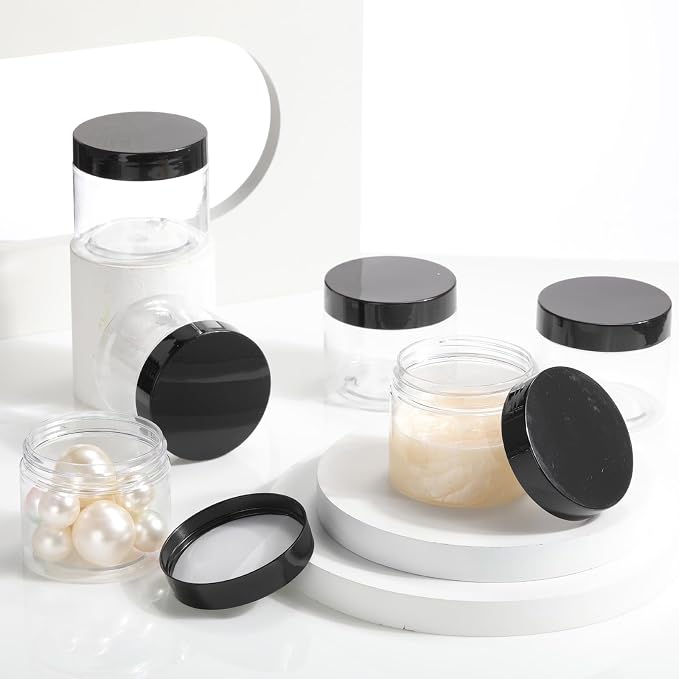 Patelai 60 Pcs Plastic Containers with Lids, Round Leakproof Cosmetic Containers, Multipurpose Storage Jars for Makeup, Lotion, Ointment, Rhinestone Samples, Dry Food and Toiletries(Black,6 oz)