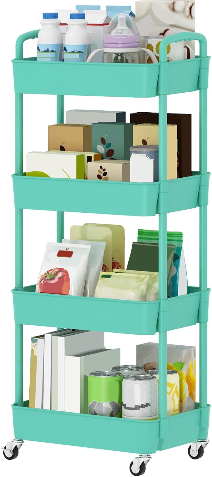 Sywhitta 4-Tier Plastic Rolling Utility Cart with Wheels for Storage,Green | Multi-Functional Storage Trolley, for Office, Living Room, Kitchen, Bathroom,Movable Organizer,Space-Saving,Easy to assemble