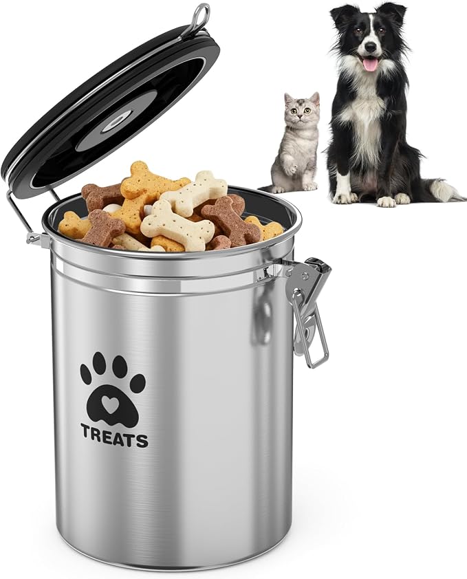 ENONCI Airtight Dog Treat Canister, 304 Stainless Steel Food Storage Jar with Date Dial Silver-1.8L