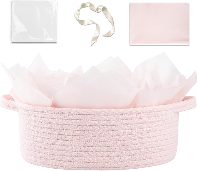 OIAHOMY Gift Basket with Handle, Small Woven Basket with Gift Bag, Ribbon and Wrap Tissue Paper, Nursery Bins Empty to Fill with Small Items, Baby, Pet Toy Organizer - Pink