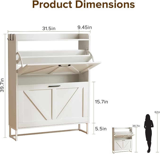 Urban Deco Shoe Storage Cabinet for Entryway, 2 Flip Drawers Shoe Organizer, Elegant 2-Tier Freestanding Shoe Cabinet with Anti-Tipping Design (White)