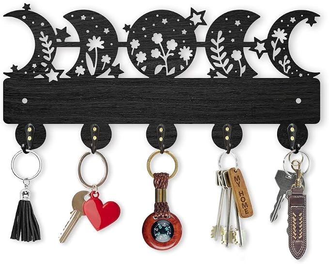 MAYJOYDIY Moon Phase Star Coat Rack Wall Mount Wooden Floral Moon Key Holder for Wall 11.8×5.5inch 5 Alloy Hooks Dreamy Wall Art Decor Black Key Rack Organizer for Gift Entryway Hallway Kitchen Room