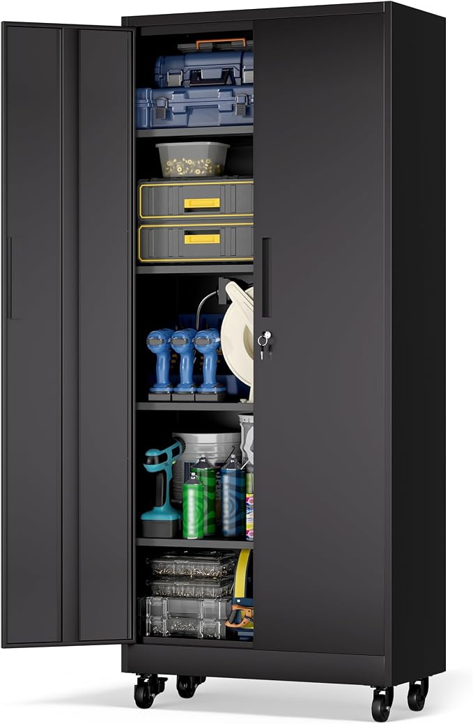 Metal Storage Cabinet for Garage, Tool Cabinet, Utility Cabinet | with Wheels, Tall Tool Cabinet, Lockable, 2 Doors, 4 Adjustable Shelves, Assembly Required, Black