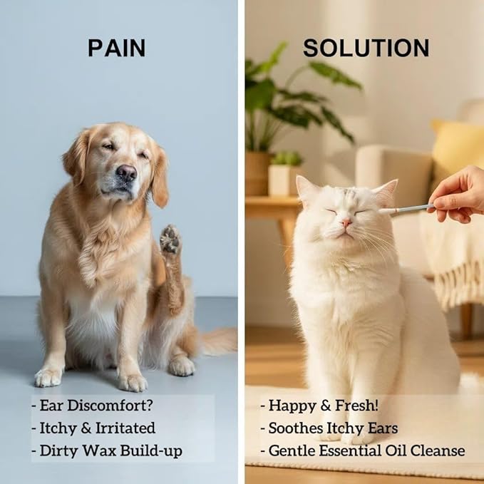 50 Pcs 2-in-1 Pet Ear Cleaning Cotton Swabs for Dogs & Cats - Essential Oil Infused Cat Ear Cleaner - Gentle Ear Wax Removal - Soothing Itch & Freshness - Individually Wrapped for Easy Use