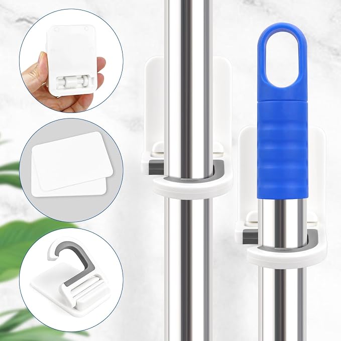 4 Pcs White Broom and Mop Holder Wall Mount Self-Adhesive Anti-Slip Gripper Cleaning Organizer Mop Handle Hanger Multi-Purpose Hook for Household, Home, Kitchen,Bathroom, Garden, Garage Storage